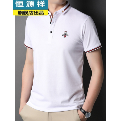 恒源祥男装短袖t恤夏季新款刺绣男士翻领简约丝光棉半袖t恤衫
