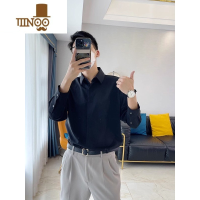 YANXU轻熟风暗扣白衬衫男感宽松长袖西服衬衣日系cityboy寸衫