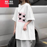 YIBUSHENG短袖t恤女季新款中长款复古印花大码宽松胖mm百搭圆领上衣