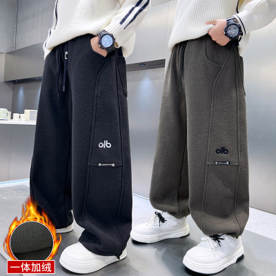 男童加绒裤子秋冬装初中生一体绒宽松休闲裤男大童韩系洋气阔腿裤