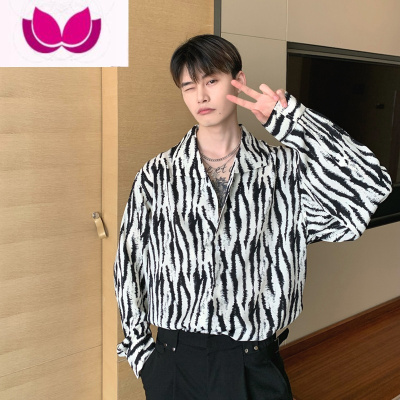 七斓高级感轻熟风男装炸街衬衫西服内搭衬衣禁欲系斑马条纹雪纺寸衫潮