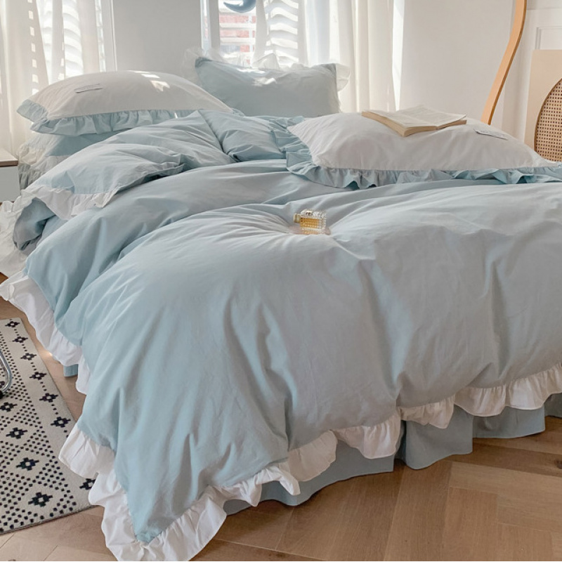 纯色四件套轻奢高级感纯棉荷叶边床单被套罩床笠床上品三件套