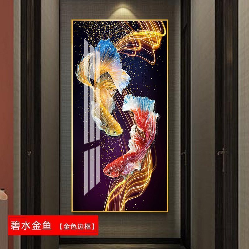 九鱼图玄关装饰画走廊过道挂画客厅酒店 碧水金鱼(金色边框) 60*120cm晶瓷画(晶瓷工艺+金属框)统一发金色边框(需