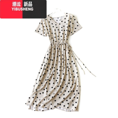 YIBUSHENG时尚棉绸连衣裙大摆裙系带收腰宽松显瘦V领绵绸长款人造棉口袋