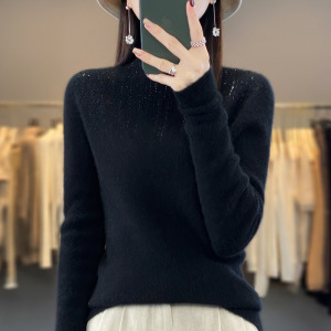 半高领镶钻女式打底衫秋季新款套头毛衣女修身内搭时尚针织衫