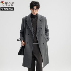 啄木鸟毛呢大衣男中长款2025冬季新款风衣加厚羊毛双排扣呢子外套