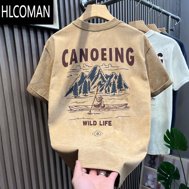 HLCOMAN2025夏季新款短袖t恤男宽松潮牌美式圆领体恤男士潮流图案印花T恤