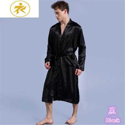 Ideamini男士长袖睡袍黑色绸缎浴衣青少年男生浴袍冰丝网红同款大码家居服