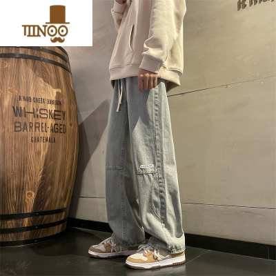 YANXU美式高街牛仔裤男ins潮牌直筒宽松水洗休闲裤hiphop痞帅阔腿长裤