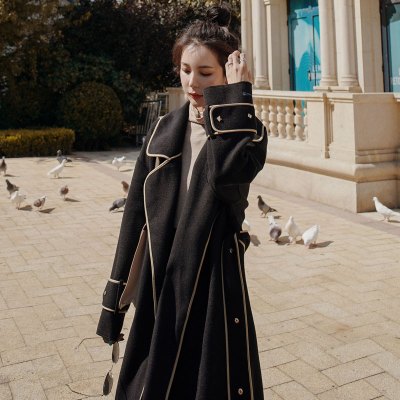 七斓黑色赫本风毛呢外套女中长款2020年新款韩版气质双面呢子大衣毛呢外套