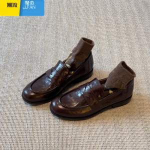 聚范皮版~复古一脚蹬懒人鞋女粗跟平底单鞋英伦风小皮鞋乐福鞋