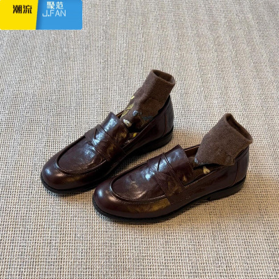 聚范皮版~复古一脚蹬懒人鞋女粗跟平底单鞋英伦风小皮鞋乐福鞋