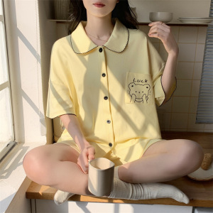 睡衣女夏季薄款仿棉开衫短袖短裤套装学生甜美可爱外穿翻领家居服