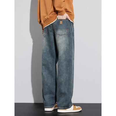 秋季美式男士牛仔裤新款春秋季复古宽松无弹水洗阔腿休闲裤子