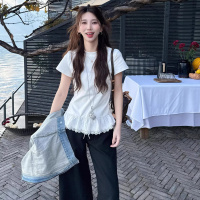 2025新款拼接蕾丝边短袖T恤衫女夏季设计感短款正肩小衫学生上衣