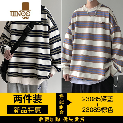 YANXU日系条纹卫衣男款春季圆领潮流长袖t恤打底衫情侣男生上衣服T