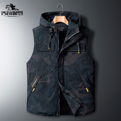 传奇保罗（CHUANQIBAOLUO）L-8XL秋冬加肥加大连帽马甲胖子冬季保暖棉马甲帅气迷彩-