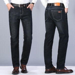 黑色牛仔裤加绒品质春秋款舒适御寒中年商务直筒裤弹力舒适休闲裤