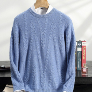 新款加厚套头山羊绒衫男长袖圆领提花毛衣潮青少年男士休闲针织衫