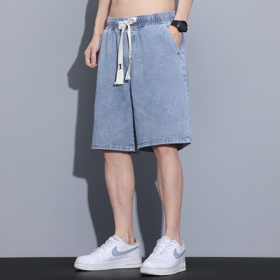 RELAXEDFIT男士抽绳牛仔短裤浅蓝做旧阔腿裤夏季薄款中裤