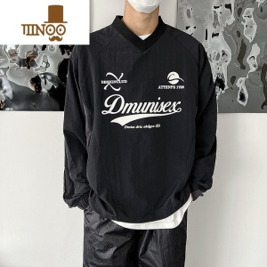 YANXU乜Q秋季简约V领休闲潮流印花卫衣ins男插肩拼接撞色棒球上衣