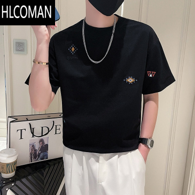 HLCOMAN2023新款夏季白色短袖t恤男潮牌印花宽松体恤上衣潮流半截袖半袖t
