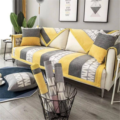 家柏饰(CORATED)沙发垫 四季通用防滑沙发巾盖布北欧简约加厚 沙发套全包套罩 雪尼尔黄灰字母 70*150cm
