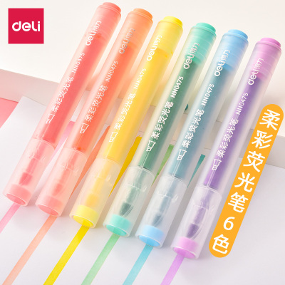 得力(deli）柔彩荧光标记笔淡色系6色无味糖果色斜头彩色记号笔初高中学生用背书笔记复习粗划重点手帐笔荧光笔