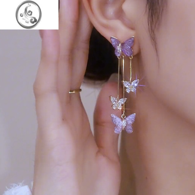 JiMiS925银银针紫色水晶蝴蝶耳环女轻奢高级感气质简约长款流苏耳坠潮