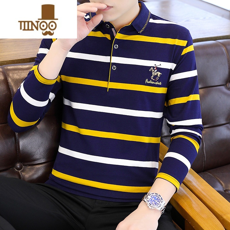 YANXU长袖T恤男翻领polo衫潮流时尚修身条纹休闲商务长袖衫
