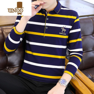 YANXU长袖T恤男翻领polo衫潮流时尚修身条纹休闲商务长袖衫
