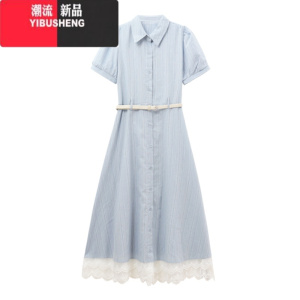 YIBUSHENG蕾丝花边翻领泡泡袖连衣裙女季2024新款收腰A字显瘦条纹长裙子
