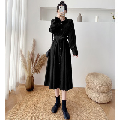 暖青汇大码洋气质衬衫裙遮胯打底过膝桔梗裙复古收腰灯芯绒连衣裙胖妹妹大码女装