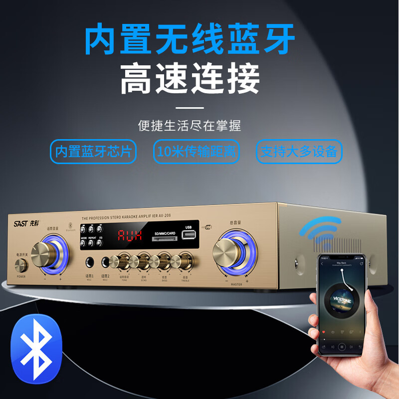 先科(SAST)AV-208 家用定阻KTV功放机蓝牙专业大功率家庭影院会议音响功放 定阻功放300W(峰值)