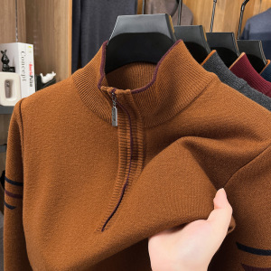 加厚半拉链立领毛衣男冬季新款中年休闲撞色保暖打底男士针织衫