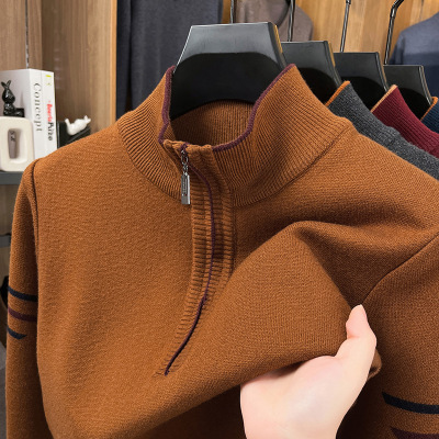 加厚半拉链立领毛衣男冬季新款中年休闲撞色保暖打底男士针织衫