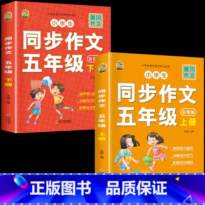 [5年级作文]五年级同步作文上册+下册 小学通用 [正版]小学语文五感法写作文阅读理解强化专项训练书答题技巧与方法素材积