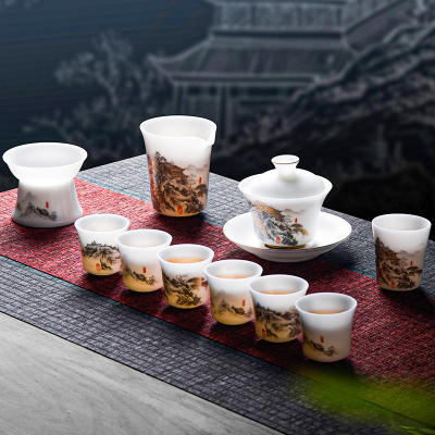 MULTIPOTENT整套功夫茶具套装大师黄旭东作品冰凝玉高山流水11头见福盖碗套组