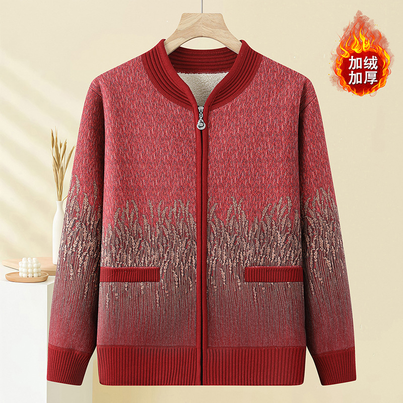 新款妈妈装加绒加厚针织开衫外套中老年女立领拉链保暖毛衣