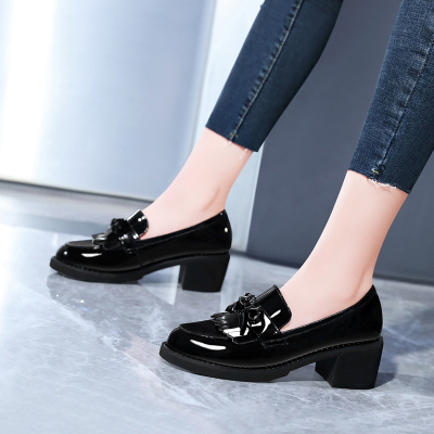 古奇天伦牛皮小皮鞋女英伦风女鞋2021新款春季漆皮单鞋中粗跟一脚蹬乐福鞋53535