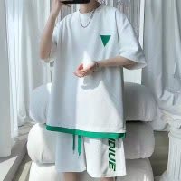 运动服套装男夏季短袖T恤套装刺绣休闲青年半袖T恤两件套