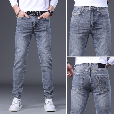 轻奢欧货春夏季新款潮牌印花修身牛仔裤男士百搭休闲小脚裤子