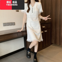 YIBUSHENG大码女装胖mm季新款梨形身材遮肚显瘦法式V领流苏针织连衣裙子