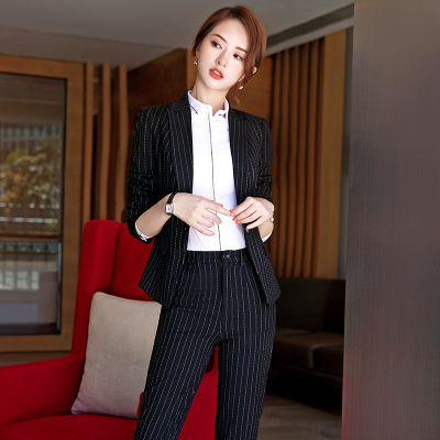 西服套装女2019新款秋冬职业正装时尚气质条纹西装酒店经理工作服