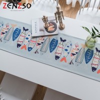 家柏饰(CORATED)北欧S风棉麻布艺茶几电视柜长条客厅餐厅餐桌布盖巾桌旗 蓝灰底彩色鱼 35*160cm