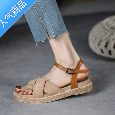 SUNTEK凉鞋女2023今年新款简约百搭显瘦厚底凉鞋学生仙女一字扣平底女鞋