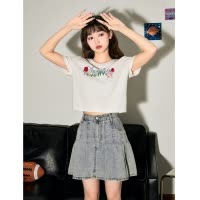 [2.5折价45元]唐狮甜辣短款上衣女新款夏季白色短袖T恤女正肩紧身体恤sz