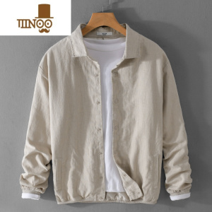 YANXU复古棉麻休闲夹克男新款中式纯色透气苎麻外套翻领亚麻帅气