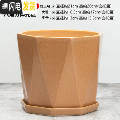 三维工匠大号花盆陶瓷带陶瓷分离托盘简约创意直筒绿萝特大号多肉花盆 八角051杏色 [特大号]花盆容器