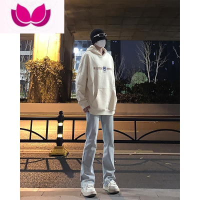 七斓美式复古vibe裤子男款浅蓝色直筒牛仔裤修身微喇显腿长休闲裤